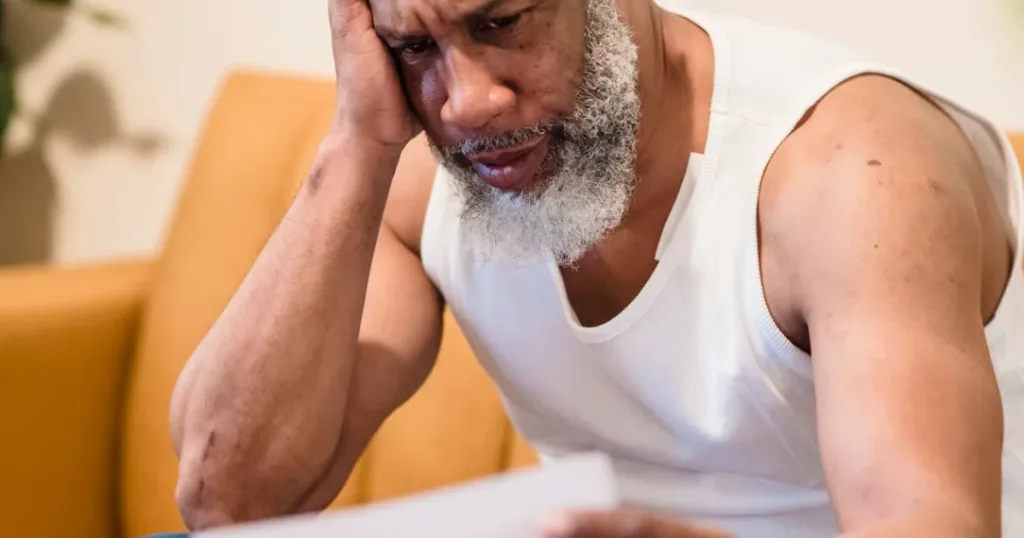 Worried man sitting on a sofa examining loan documents with anxiety