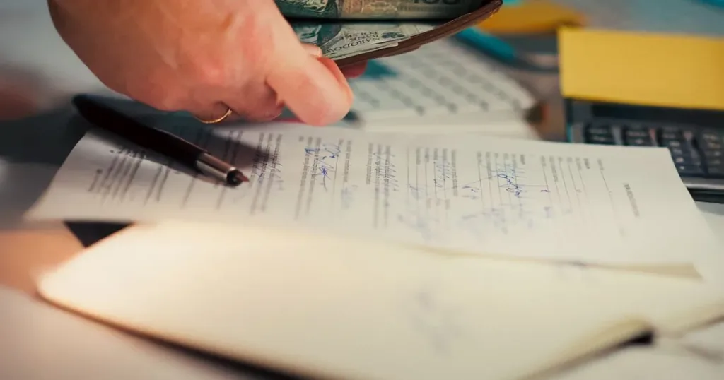 Hands reviewing cash and financial documents on a desk