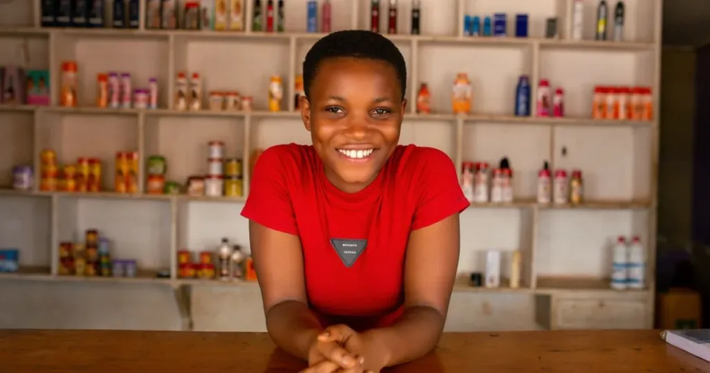 Nigerian small business owner smiling behind the counter of her shop