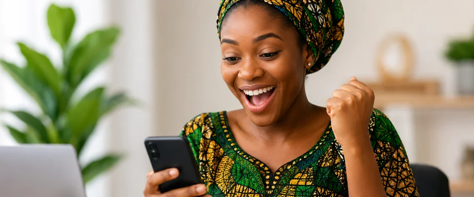 What to Do If Your Wallet Transfer Fails in Nigeria Woman smiling while using her smartphone at home