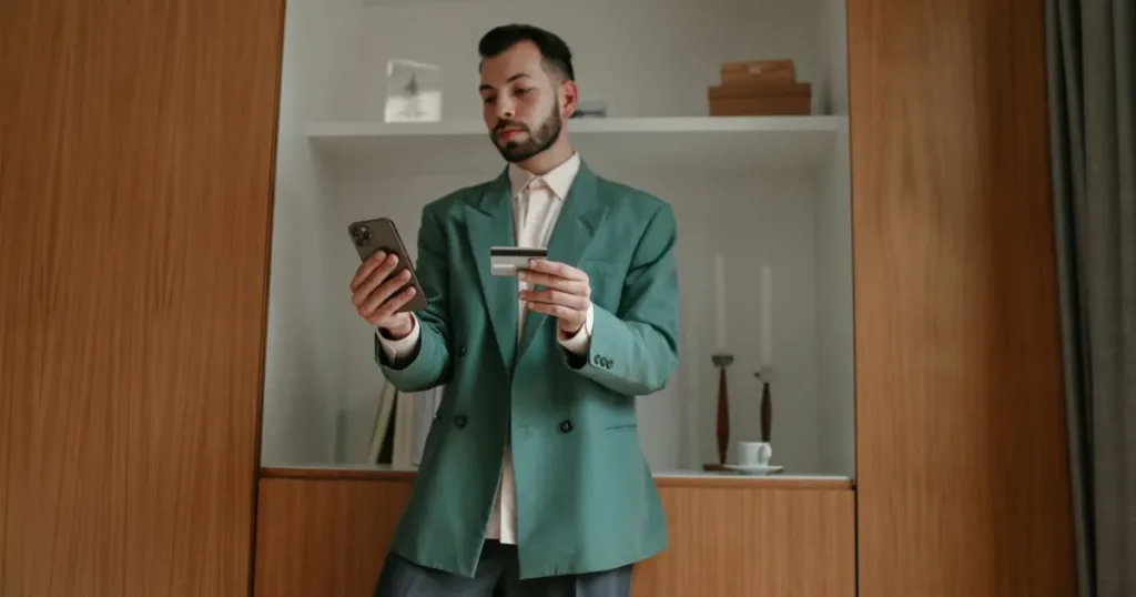 A bearded man in a green jacket holding a bank card while checking his phone