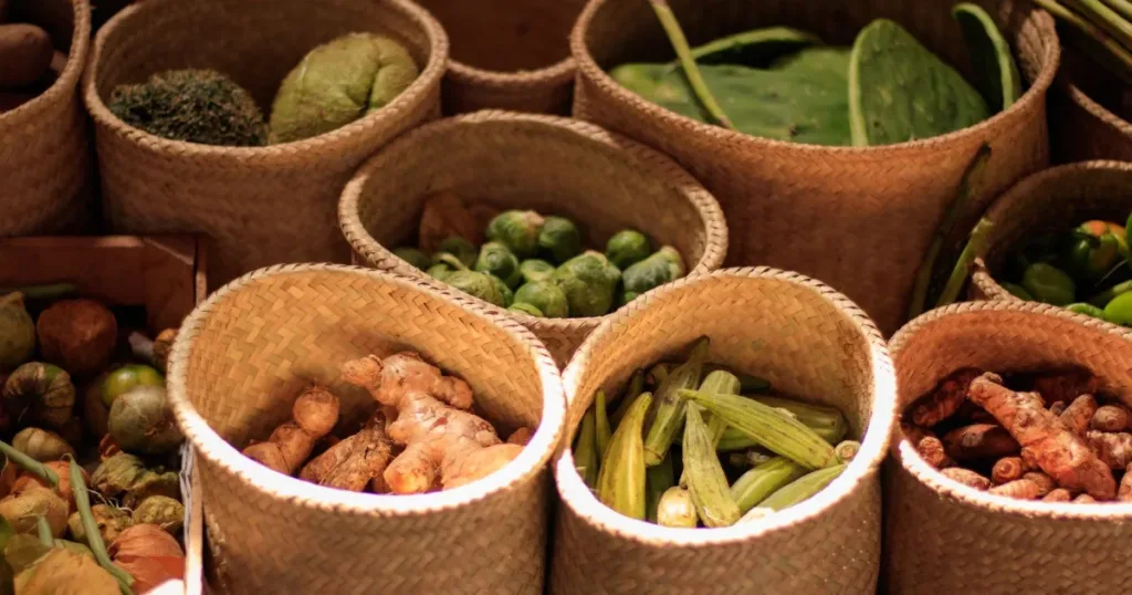 Fresh vegetables and produce in a market basket