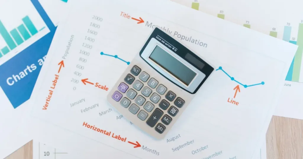 Calculator and financial documents used to compare credit reports
