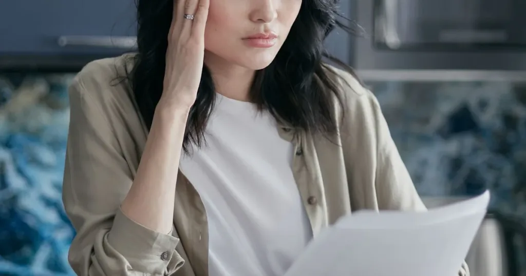 Woman reviewing her credit report documents at home