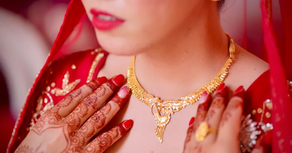 Gold jewellery and a necklace displayed for purchase