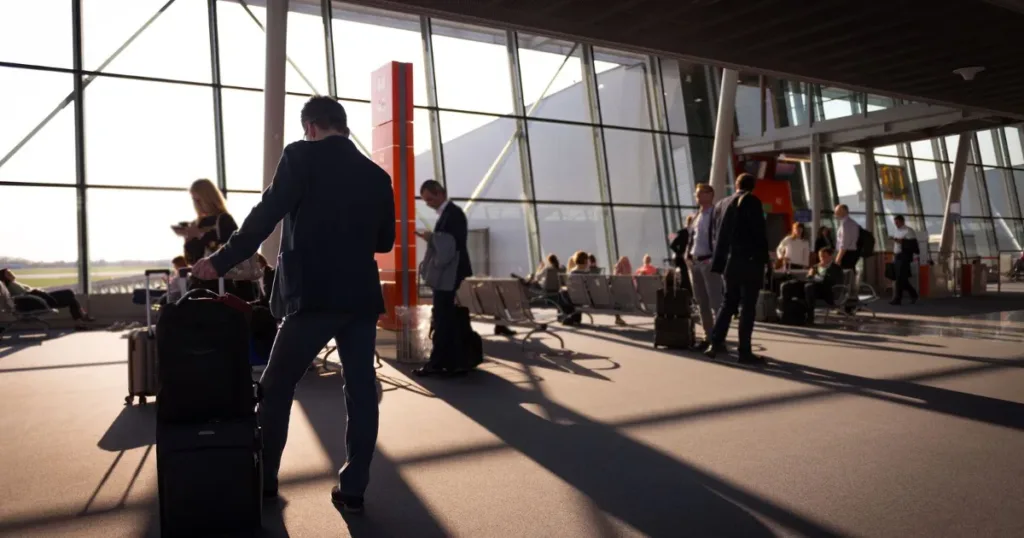 Travelers with luggage walking through an airport terminal