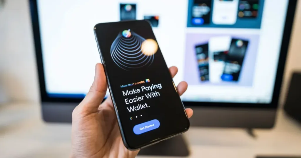 Hand holding smartphone displaying a digital wallet app interface
