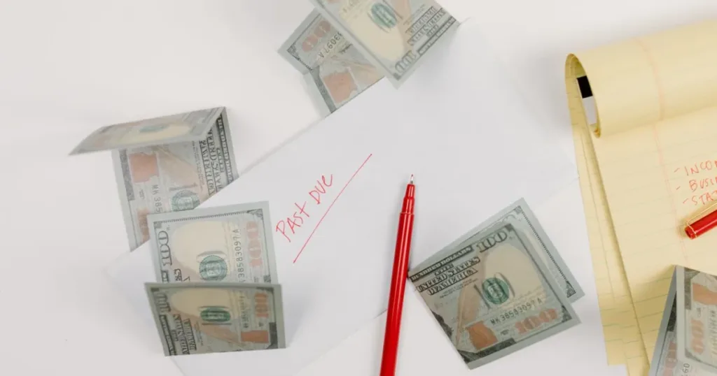 Overdue bill envelope marked past due next to cash and a notepad, representing the impact of late loan repayment on credit.