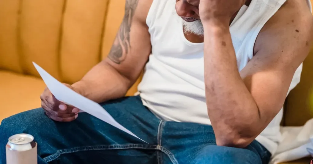 Stressed man reviewing bills and paperwork at home, representing the challenge of getting a loan with bad credit.