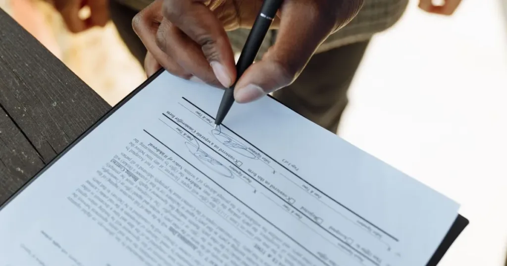 Close-up of a person signing a loan agreement, representing loan options for salary earners with a payslip