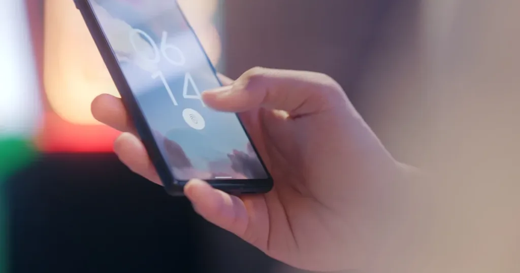 Close-up of a hand holding a smartphone locked with a fingerprint sensor, symbolizing securing a stolen phone