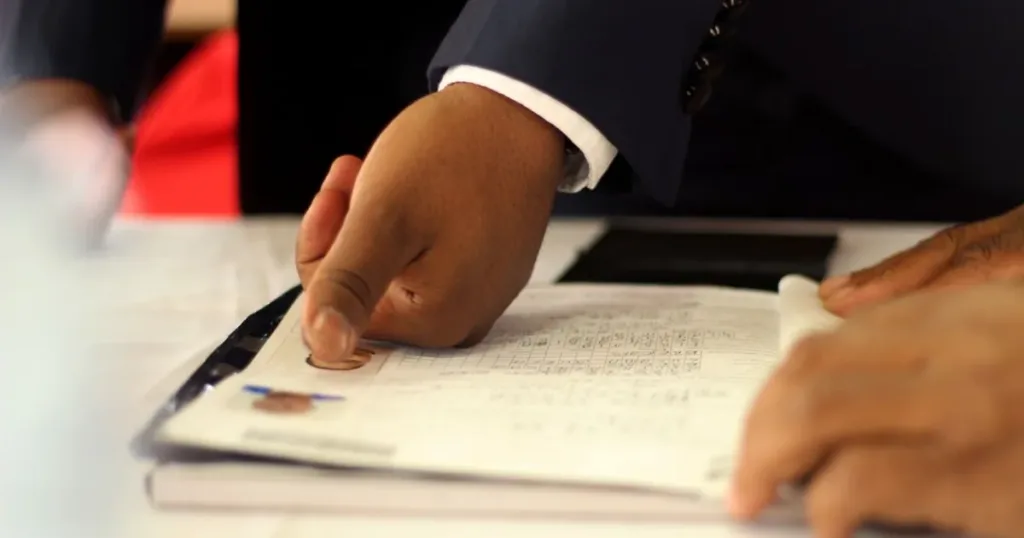 A man's hand giving a fingerprint on a document for identity authentication when opening a bank account
