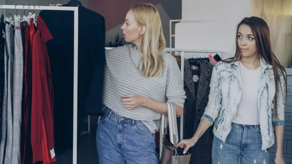 Two women comparing shopping options at a clothing rack