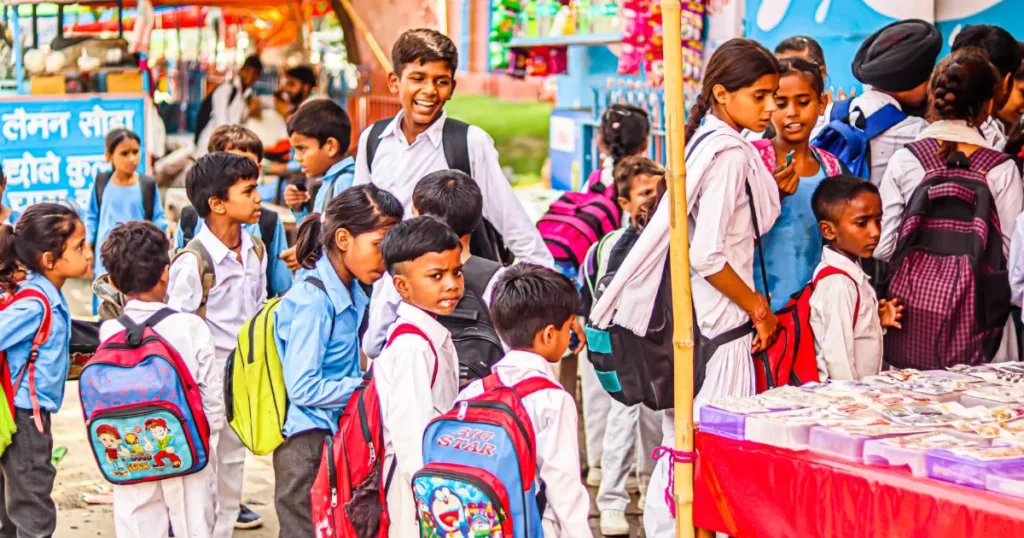 Children in school uniforms with backpacks queuing at an outdoor market stall