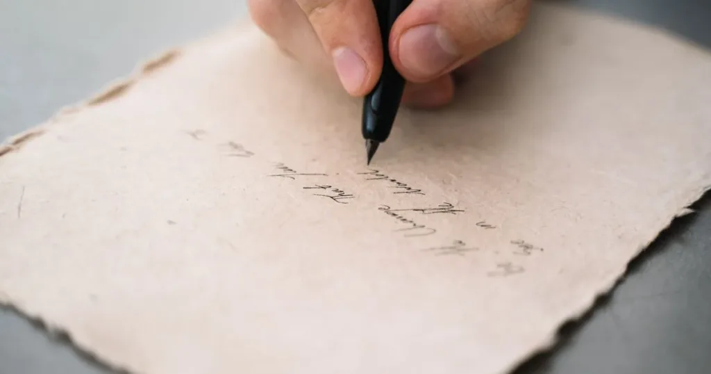 Person writing on documents at a desk