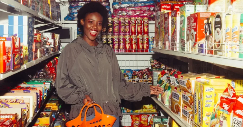 Woman smiling while grocery shopping with a basket in a store